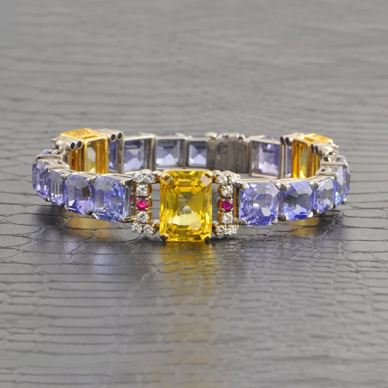 vintage-style amethyst bracelet-Amazing Vintage 1960s Blue and Yellow Sapphire Statement Bracelet in Platinum