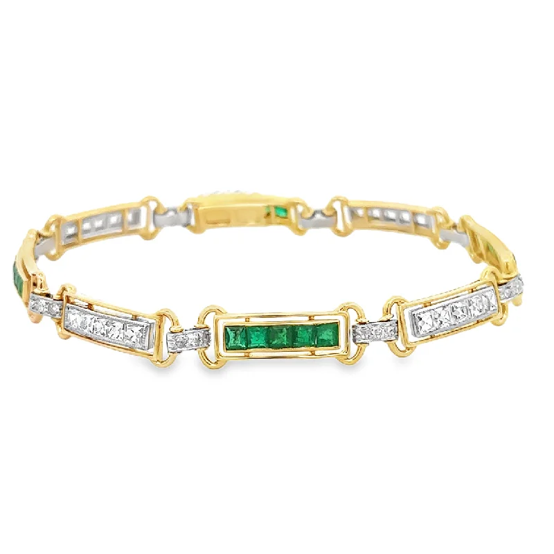 bold ruby summit peak bracelet-Antique Emerald and Diamond Bracelet in 18k Yellow Gold and Platinum 8.5" Long