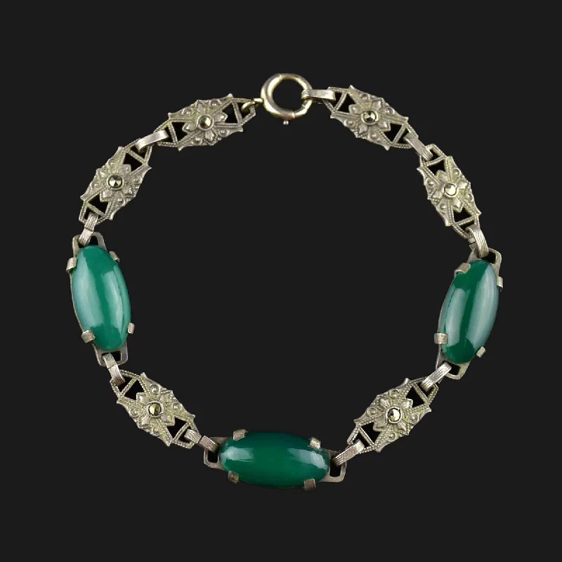 gothic-inspired eagle claw bracelet-Art Deco Sterling Silver Chrysoprase Marcasite Bracelet