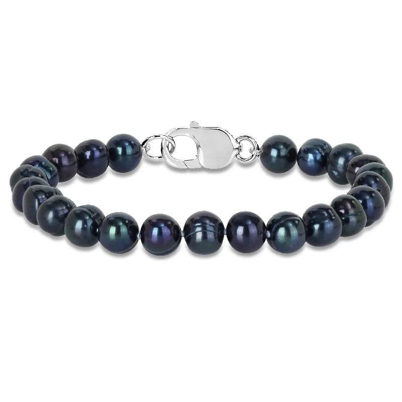 rustic ruby beaded bracelet-Miadora 8-8.5mm Men's Black Cultured Freshwater Pearl Bracelet with Sterling Silver