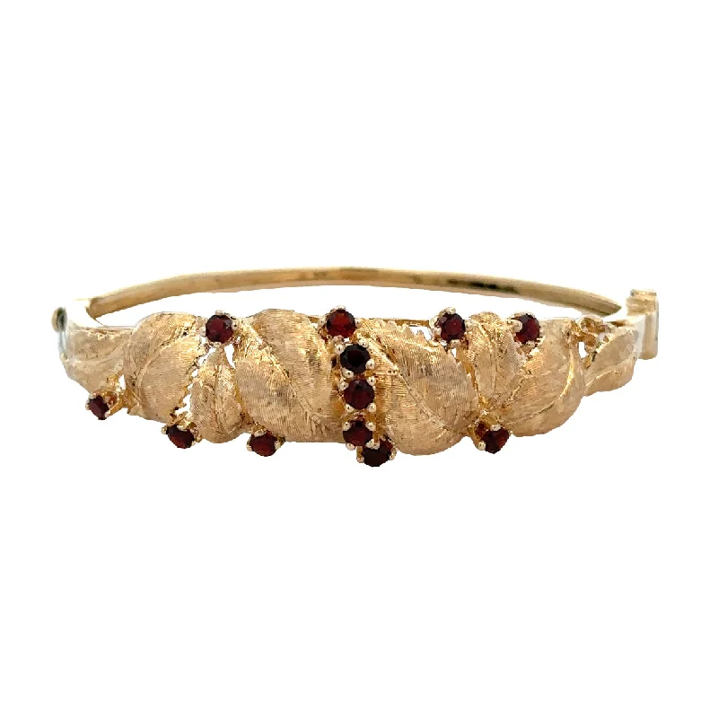 detailed filigree sapphire bracelet-Mid-Century Vintage Garnet Foliate Bracelet in Yellow Gold