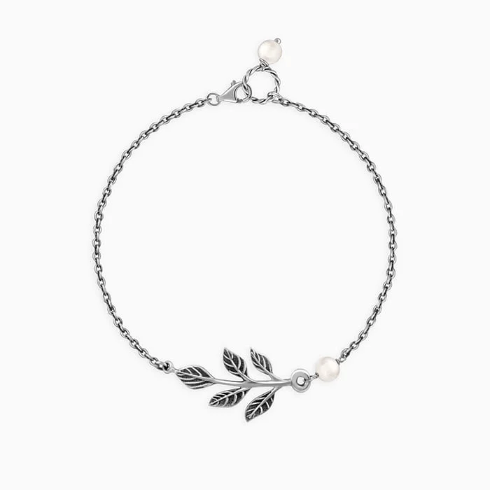 modern sculpted chain bracelet-Oxidised Silver Leaf Bracelet