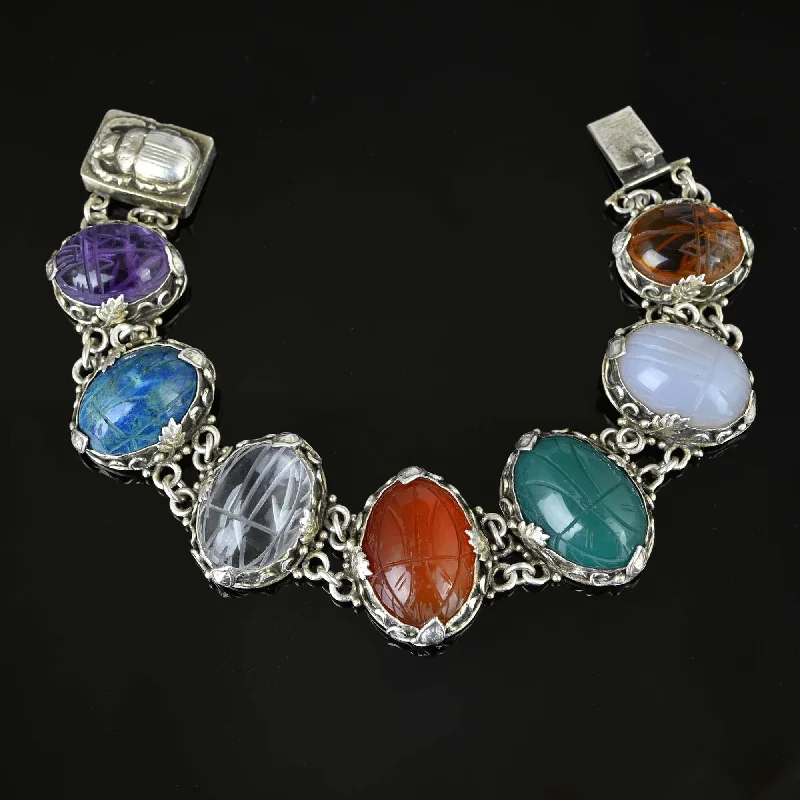 modern tiered topaz bracelet-Silver Arts & Crafts Gemstone Scarab Bracelet