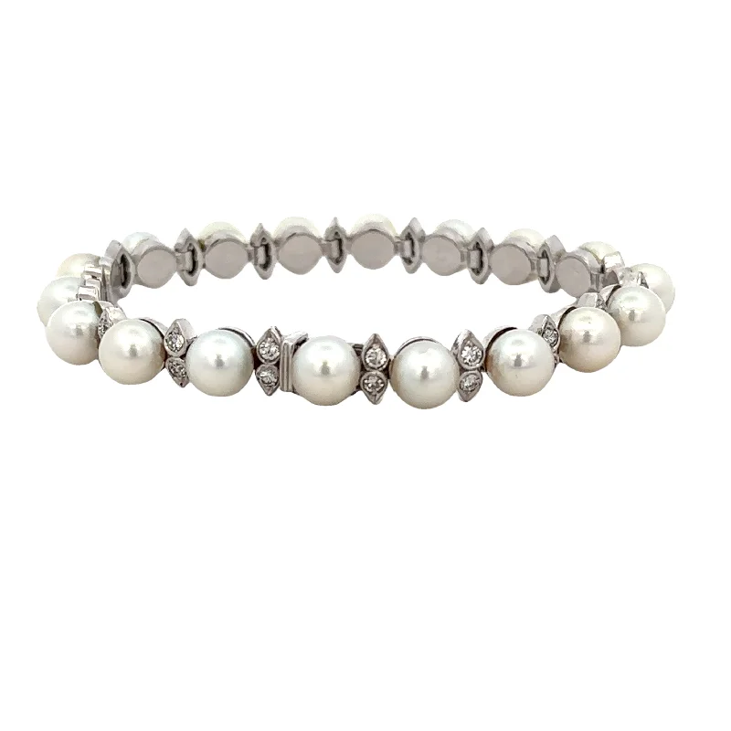 bold emerald prong bracelet-Vintage Akoya Cultured Pearl and Diamond Bracelet in 18k White Gold