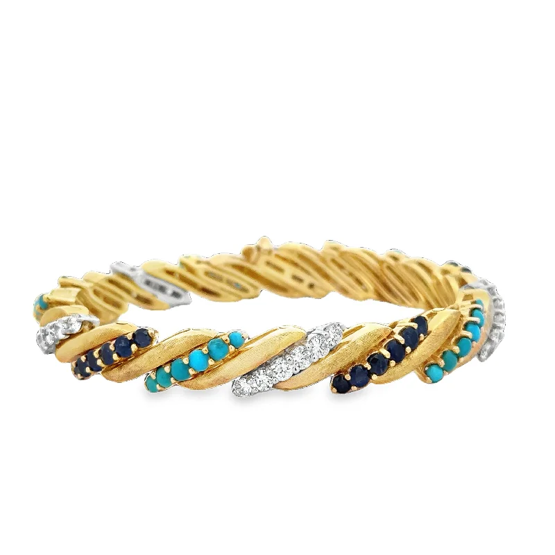 matte silver spiral bracelet-Vintage Sapphire, Turquoise and Diamond Bracelet in 18k Yellow Gold