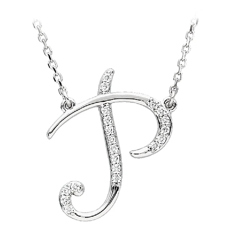 minimalist curve peak necklace-1/10 Ctw Diamond Sterling Silver Medium Script Initial P Necklace 16in