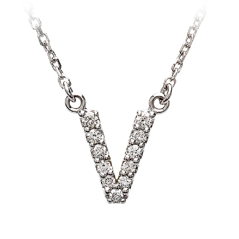 matte copper chain necklace-1/8 Cttw Diamond & 14k White Gold Block Initial Necklace, Letter V