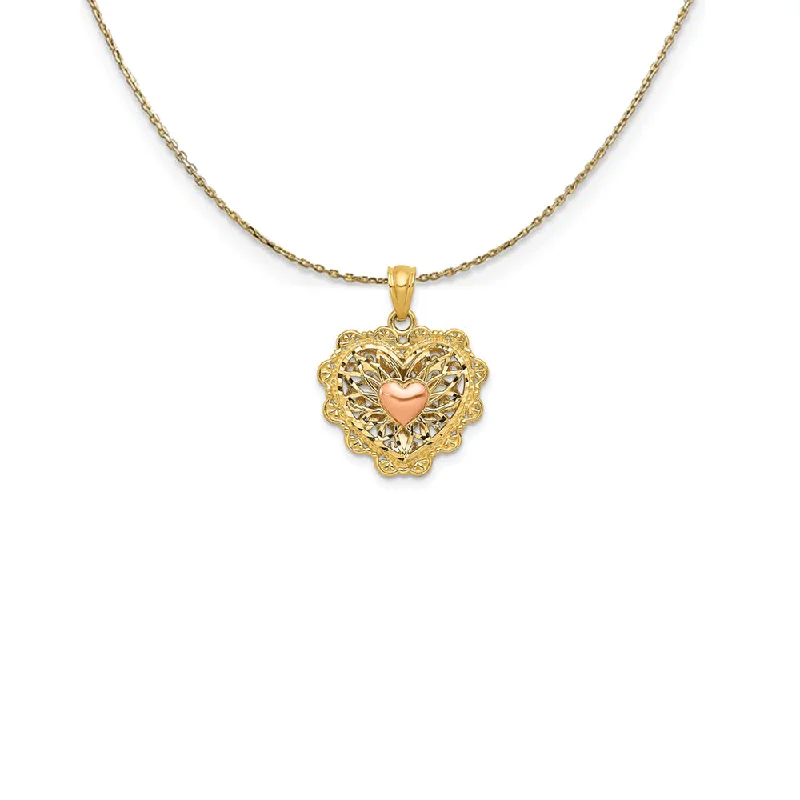 striking ruby cluster necklace-14k Two Tone Gold 16mm Reversible Filigree Heart Necklace