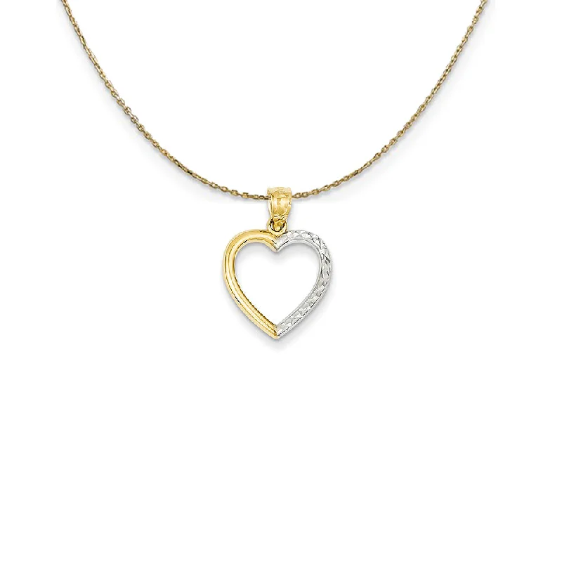 14k Yellow Gold and Rhodium Half Diamond Cut Heart Necklace