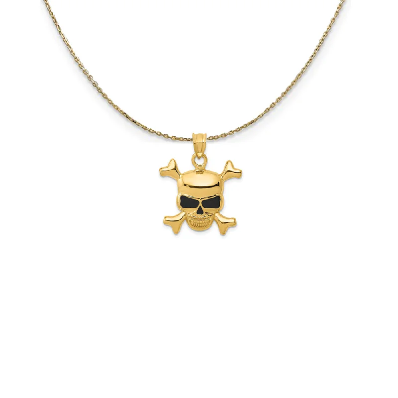 14k Yellow Gold Black Enameled Skull and Crossbones Necklace