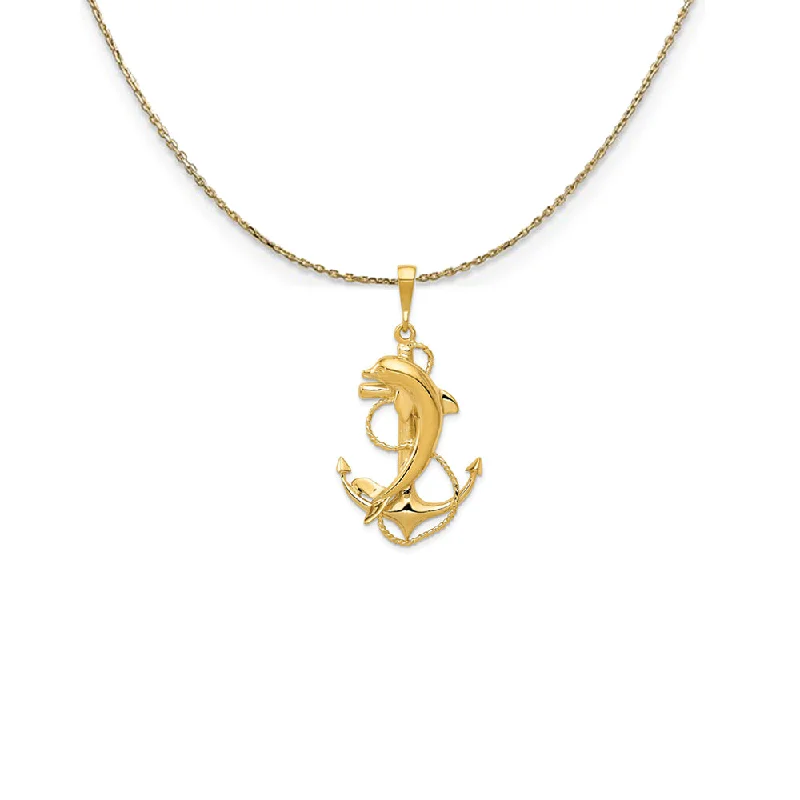 art deco turquoise necklace-14k Yellow Gold Large Polished Anchor with Dolphin Necklace