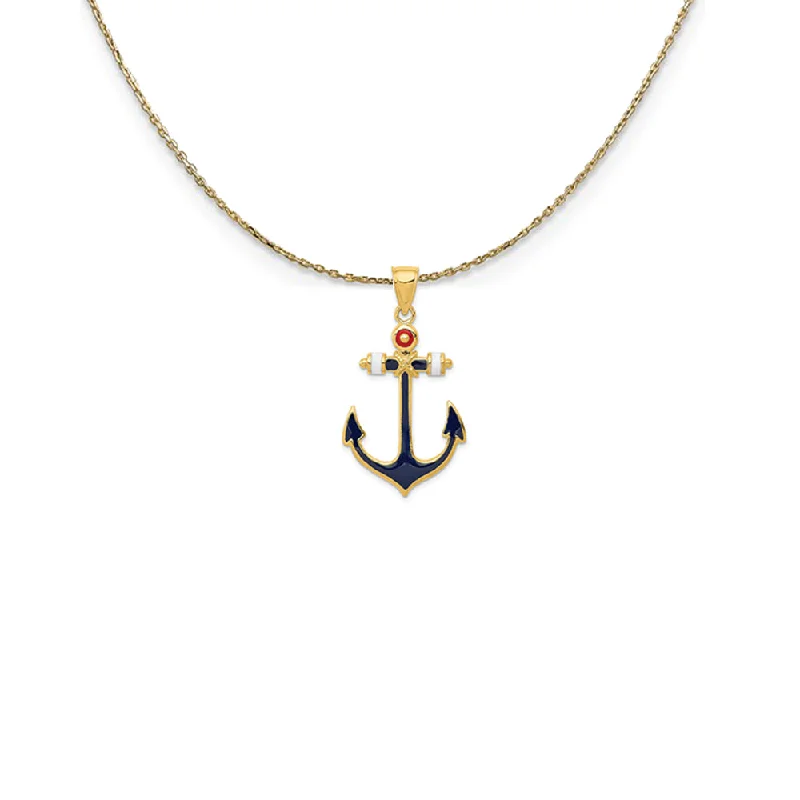 nature-themed branch crest necklace-14k Yellow Gold Red, White and Blue Enameled Anchor Necklace