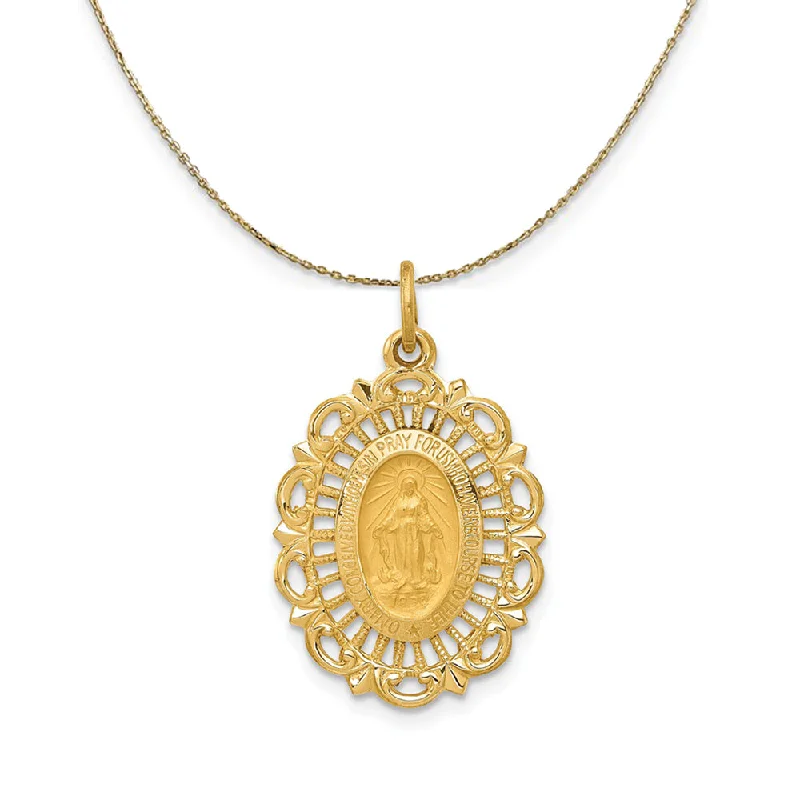 boho-inspired amethyst necklace-14k Yellow Gold, Satin Scalloped Miraculous Medal Necklace