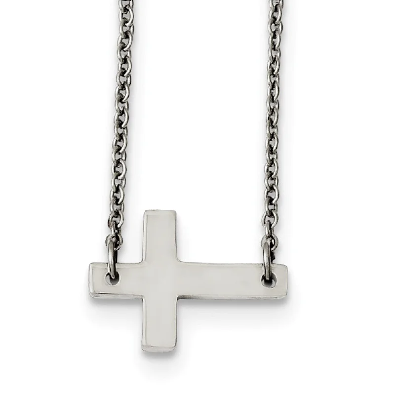 vintage-inspired emerald necklace-Polished Sideways Latin Cross Necklace in Stainless Steel, 16.75 Inch