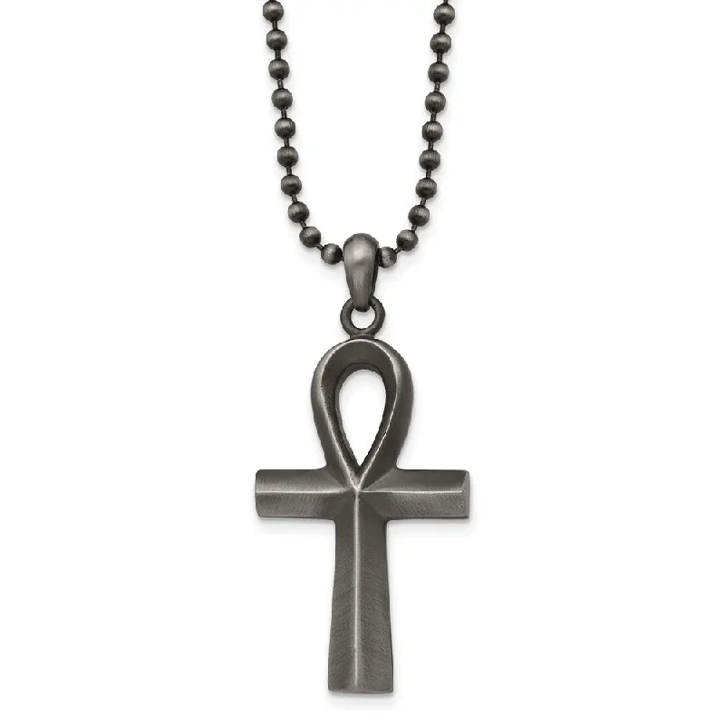 modern sleek peak ridge necklace-Stainless Steel Antiqued & White Bronze Plated Ankh Necklace, 22 Inch