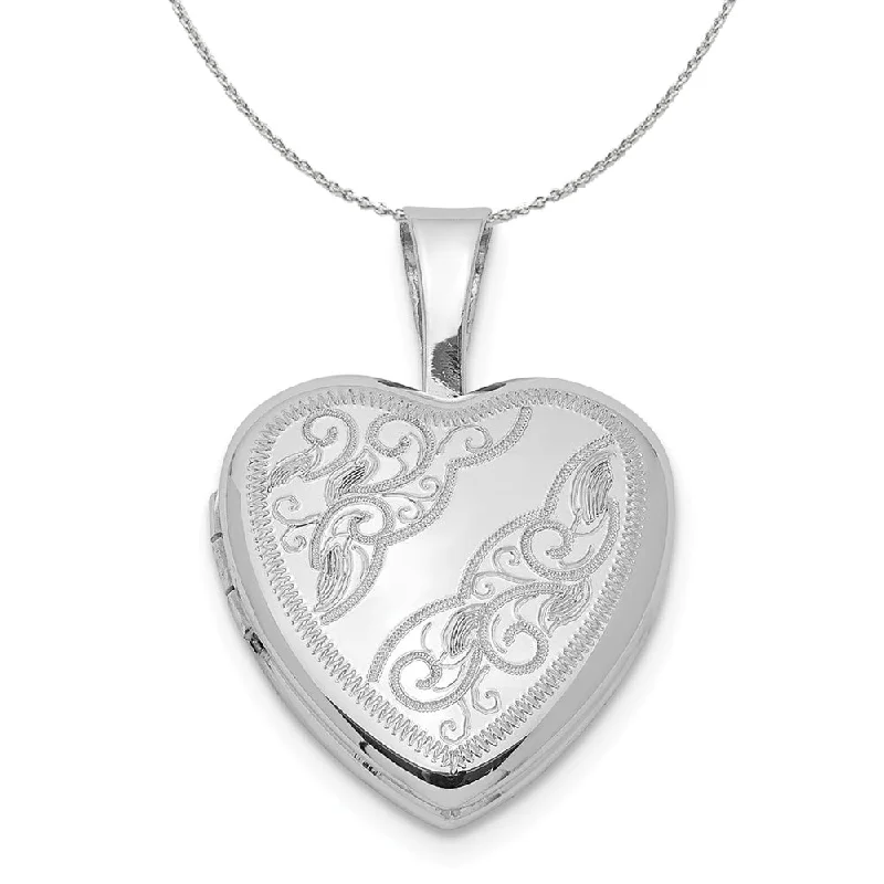 floral-inspired opal necklace-Sterling Silver 12mm Swirl Etched Heart Locket Necklace