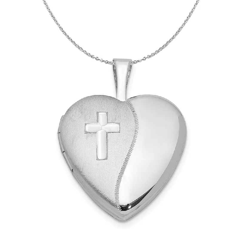 minimalist ridge peak necklace-Sterling Silver 16mm Polished and Satin Heart w/ Cross Locket Necklace