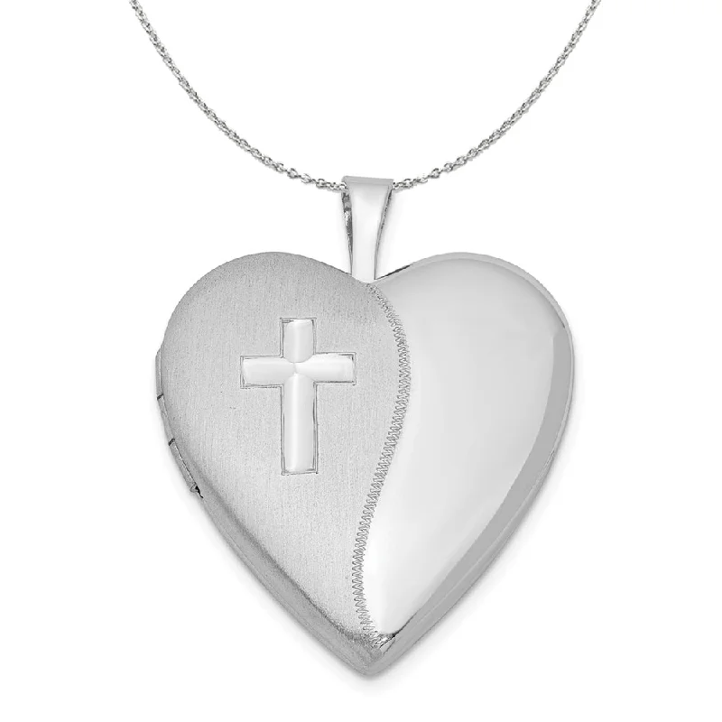 Sterling Silver 20mm Polished and Satin Heart w/ Cross Locket Necklace