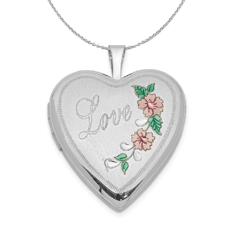 inscribed eternity chain necklace-Sterling Silver and Enamel 20mm Love Floral Heart Locket Necklace