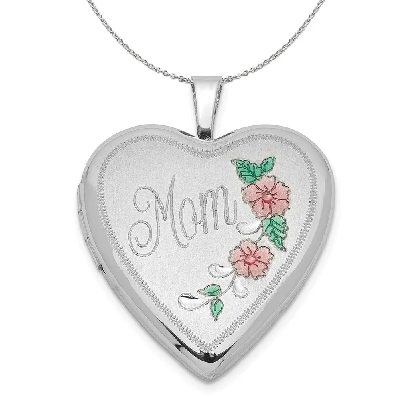 nature-themed ridge crest necklace-Sterling Silver and Enamel 20mm Mom Floral Heart Locket Necklace