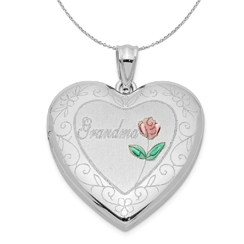 art deco opal necklace-Sterling Silver and Enamel 24mm Grandma Floral Heart Locket Necklace