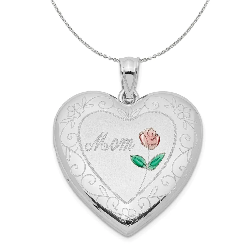 vintage-style opal necklace-Sterling Silver and Enamel 24mm Mom Rose Heart Locket Necklace