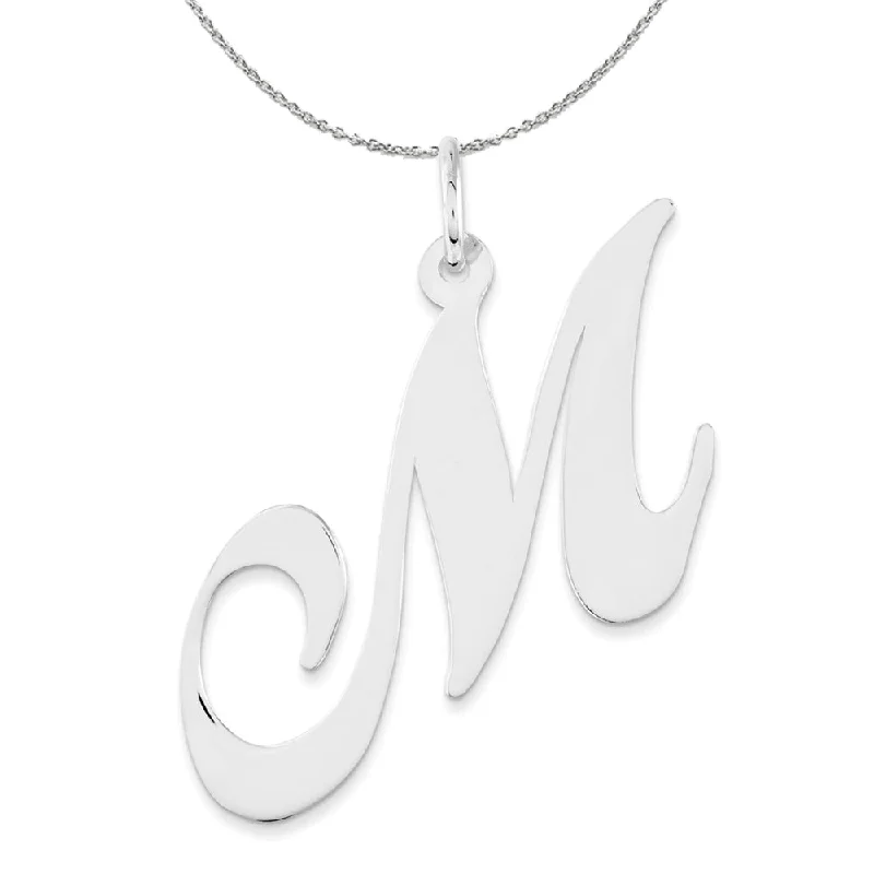 Sterling Silver, Ella Collection, LG Fancy Script Initial M Necklace