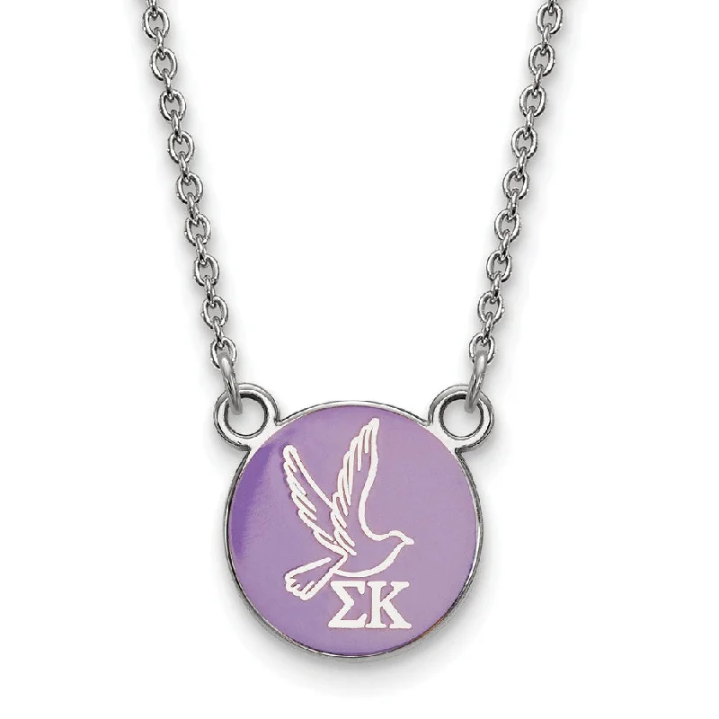 vintage-inspired emerald necklace-Sterling Silver Sigma Kappa Small Lavender Enamel Dove Disc Necklace