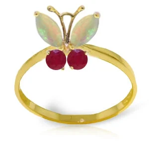 adjustable willow crest necklace-0.7 Carat 14K Solid Yellow Gold Butterfly Ring Opal Ruby