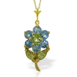 minimalist peak crest necklace-1.06 Carat 14K Solid Yellow Gold Flower Necklace Blue Topaz Peridot