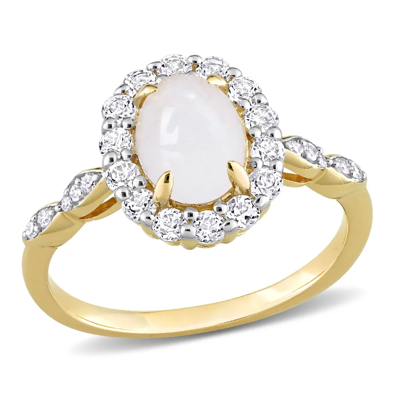 adjustable branch summit ring-1 1/2 CT TGW Oval Shape Opal and White Topaz and Diamond Accent Halo Ring in 14K Yellow Gold