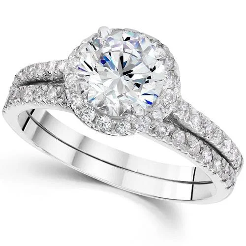 matte silver tier ring-1 1/3ct Round Diamond Halo Engagement Ring Set 14K White Gold