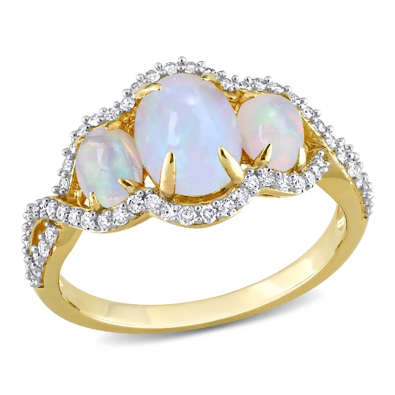 fifteen-stone promise ring-1 1/4 CT TGW Oval Cut Ethiopian Blue Opal and 1/3 CT TW Diamond Halo 3-Stone Ring in 10K Yellow Gold