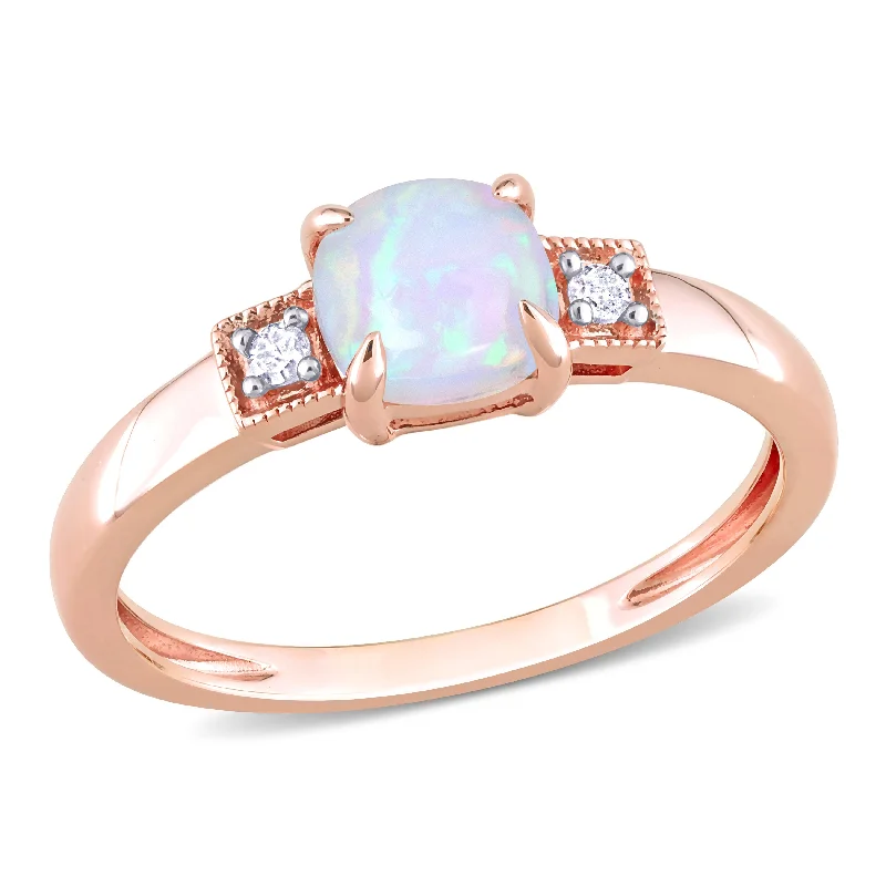 bohemian crest summit ring-1 1/5 CT TGW Cushion Shape Blue Ethiopian Opal and Diamond Accent Ring in 10K Rose Gold