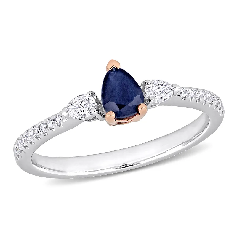 inscribed legacy ring-1/2 CT TGW Pear Shape Sapphire and 1/4 CT TW Diamond 3-stone Ring in 2-tone 14K White & Rose Gold