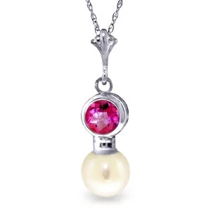 adjustable branch summit necklace-1.23 Carat 14K Solid White Gold Une Valse Pink Topaz Pearl Necklace