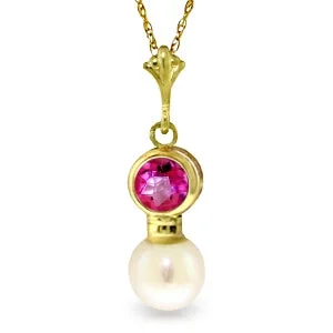 vintage-style ruby necklace-1.23 Carat 14K Solid Yellow Gold Reinvention Pink Topaz Pearl Necklace