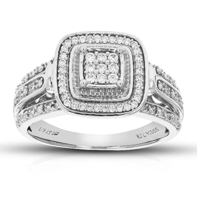 artisan-crafted silver ring-1/3 cttw Round Cut Lab Grown Diamond Engagement Ring 67 Stones .925 Sterling Silver Prong Set