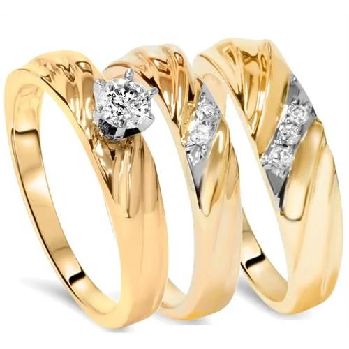 inscribed lineage ring-1/3ct Diamond Engagement Trio Wedding Band Set 14K Yellow Gold