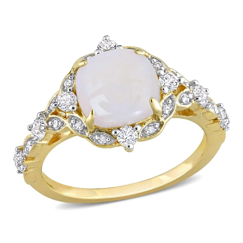 gothic-inspired hawk claw ring-1 4/5 CT TGW Cushion Cut Opal and Diamond Accent Halo Vintage Design Ring in 10K Yellow Gold