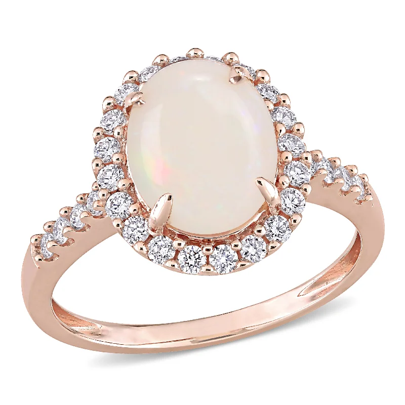 bohemian peak summit ring-1 5/8 CT TGW Opal and 2/5 CT TW Diamond Halo Ring in 14K Rose Gold