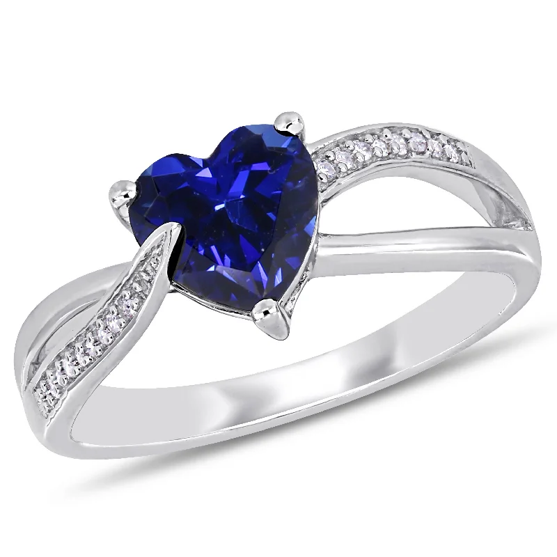 raw ruby accent ring-1 7/8 CT TGW Created Blue Sapphire and Diamond Heart Crossover Ring in Sterling Silver