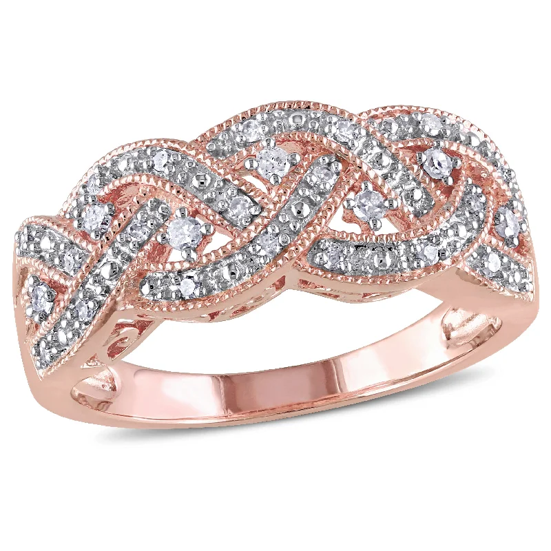 modern layered ruby ring-1/8 CT TW Diamond Braided Ring in Rose Plated Sterling Silver