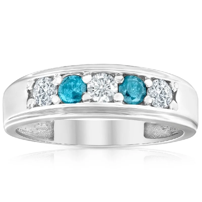 raw jade accent ring-1 Ct T.W. Blue & White Diamond Mens Wedding Ring 5-Stone Anniversary White Gold