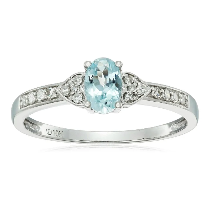 adjustable willow crest ring-10k White Gold Aquamarine Oval and Diamond Solitaire Ring