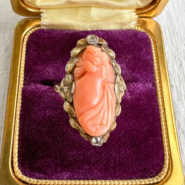 inscribed unity ring-Victorian Coral Cameo & Diamond Ring