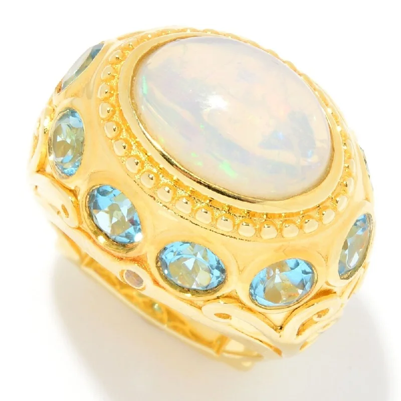 gothic-inspired panther claw ring-14 x 10mm Oval Ethiopian Opal & Swiss Blue Topaz Etruscan Ring