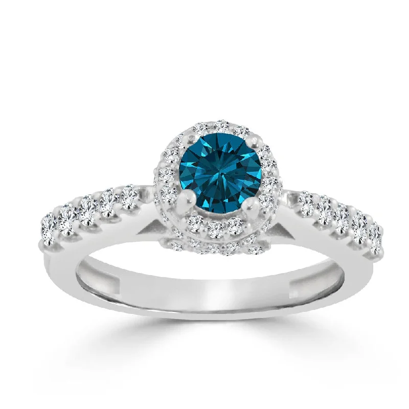 matte silver spiral ring-14k Gold 1ct TDW Round Blue Diamond Halo Engagement Ring by Auriya (H-I, I1-I2)