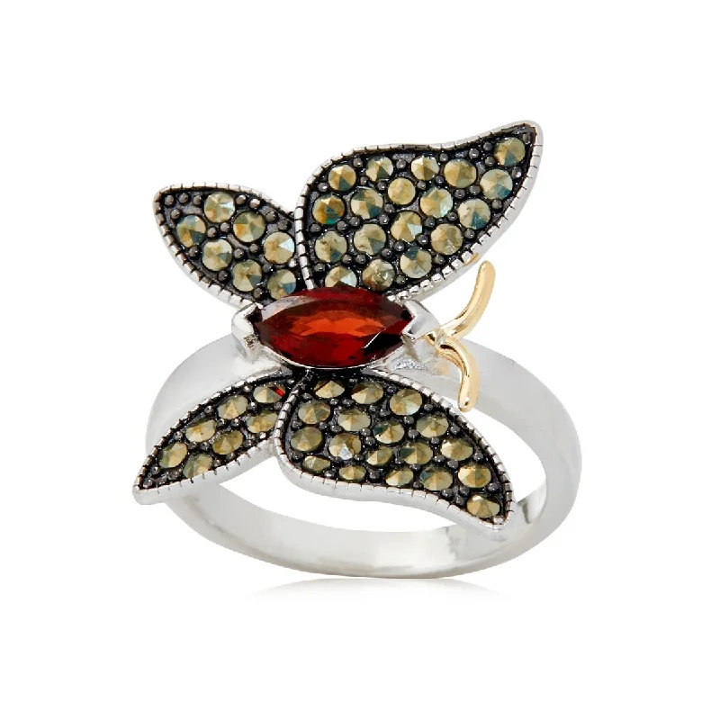 art deco turquoise ring-14k Gold and Sterling Silver Red Garnet and Marcasite Ring