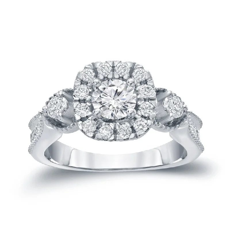 minimalist ridge peak ring-14k Gold Round 1ct TDW Round Diamond Halo Engagement Ring by Auriya (H-I, I1-I2)